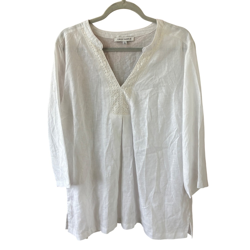 Coastal Grandma Linen Blend Tunic Sz XL White Crochet Lace Boho Emily Daniels